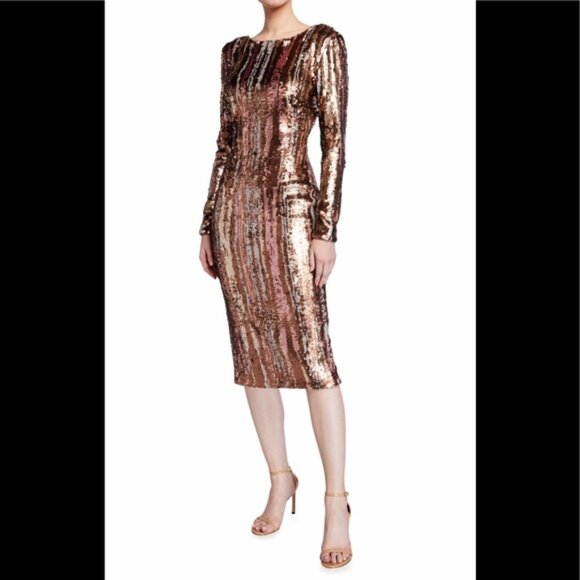 Dress the Population Emery brushstroke gold silver blush midi sequin dress M - Picture 2 of 7